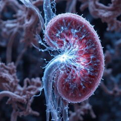 Detailed Microscopic View of a Human Kidney with Veins and Arterioles Highlighted