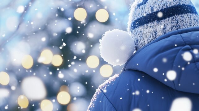 Child in winter hat watching heavy snowfall with magical festive bokeh lights - Powered by Adobe