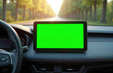 Car dashboard with green screen display. Car interior and blurred green trees outside. Vehicle driving with navigation system. Mockup template for travel app. Concept of modern auto technology.