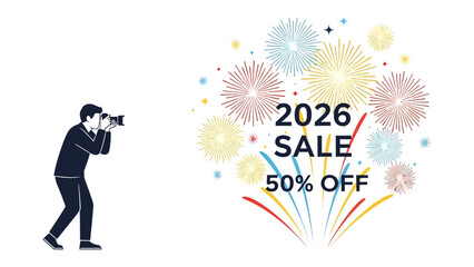 New Year Sale: A visual celebration, with festive fireworks bursts complemented by a silhouette of a person capturing the moment, marking a significant discount event.