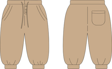 Unisex jogger pants fashion flat sketch vector, front and back view, casual sweatpants technical drawing, jogger trousers template