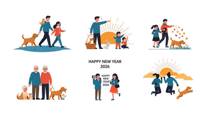 Family's New Year Celebration: Celebrating 2024 through precious moments of togetherness, from playful children with their dogs to the shared experiences of elderly couples and young parents.
