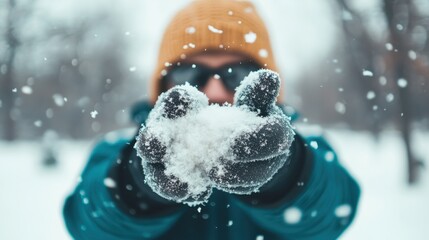 Winter magic: Person's gloved hands holding fresh snow, surrounded by falling snowflakes in a snowy landscape