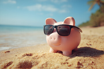 Piggy bank wearing sunglasses relaxes on sandy beach near ocean during sunny day, representing financial freedom and vacation savings.