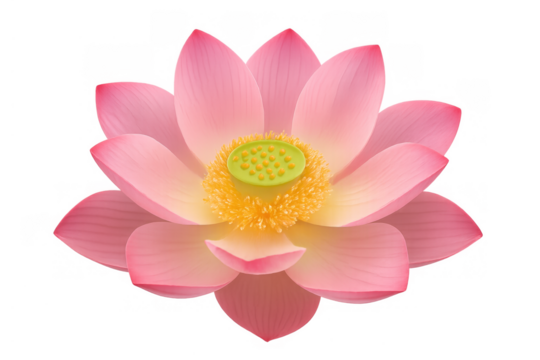 Pink lotus flower blossom with green pistil and yellow stamen isolated on transparent background illustrating purity and beauty