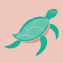 A teal turtle swims on a pink background, isolated on pink background, in a simple graphic illustration