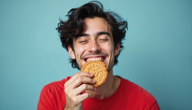Young man in red shirt bites cookie with eyes closed. Guy enjoys sweet treat with visible pleasure and satisfaction. Delicious food makes person happy in studio setting.