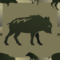 Illustration of a wild boar with lightning bolt markings, set against a muted, patterned backdrop