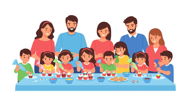 Sweet family moments of cupcake creation : A happy family united in the joy of baking and decorating cupcakes, creating sweet memories in a kitchen filled with laughter and love. 