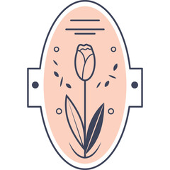 Delicate Oval Emblem With A Single Tulip Flower In Bloom Featuring Outline Drawing And A Soft Peach Background Element And Simple Horizontal Lines At The Top