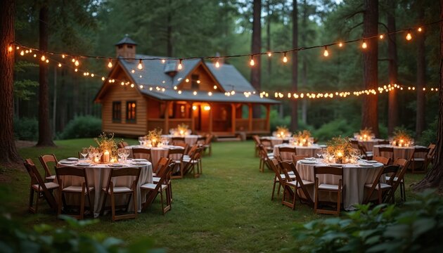 Outdoor reception tables set in forest near cabin. String lights glow above tables with candles, creating romantic mood. Chairs surround tables ready for guests, inviting celebration atmosphere in
