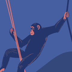 Illustration of a chimpanzee climbing ropes, showcasing its agility and strength in a dynamic composition