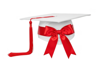 A white graduation cap adorned with a vibrant red satin ribbon and bow isolated on transparent background