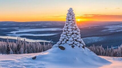 Snow-covered cairn at sunset in a vast winter landscape, cold serene wilderness