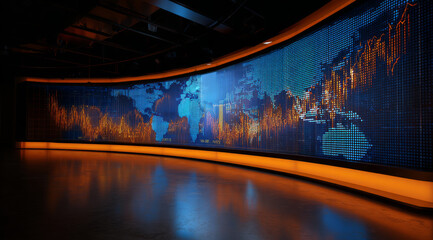 Curved screen world map data visualization financial chart blue orange futuristic studio