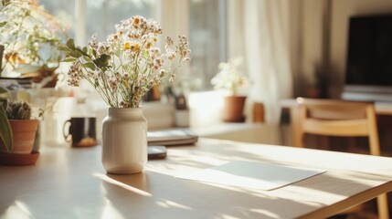 Overhead, close-up, a piece of pure white photo paper on a light-colored table, The background is a cozy home office space with soft natural light creating a warm atmosphere