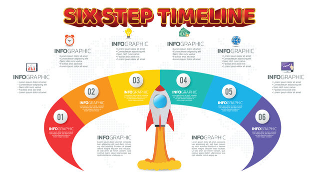 Colorful Rocket Launch Infographic With Six Step Timeline and Global Map Background for Business Growth, Startup Strategy, and Innovation Presentation