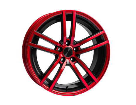 Modern Red and Black Alloy Car Wheel Rim Isolated on White Background - Powered by Adobe