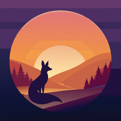 Silhouette of a fox sitting on a hill watching the sunset over a landscape with trees and mountains