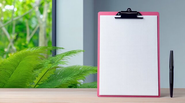 A pink clipboard with blank white paper and a black pen sits on a wooden desk, with lush green foliage visible through a window.