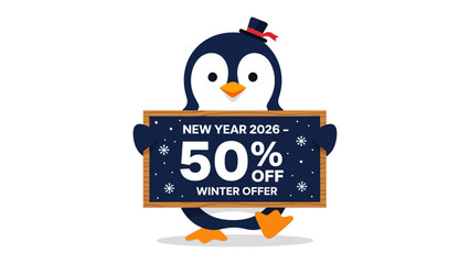 Penguin's New Year 2026 Winter Offer: A charming penguin announces a 50% discount for the upcoming New Year in winter, presenting a board with a promotional message.