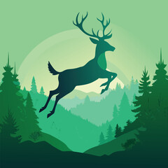 A majestic deer leaping through a lush green forest, surrounded by tall pine trees and rolling hills in a serene landscape