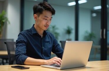 Young Asian man types on laptop computer at office desk, focused on work. Smartphone rests nearby on wooden table. Modern workspace setting with plants visible through glass.