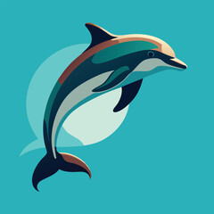 Illustration of a dolphin jumping out of the water with a turquoise background and a white circle
