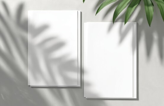 Two vertical white paper sheets with palm leaf shadows overlay. Clean minimalist flat lay for invitations greetings or business cards. Blank space for custom text.