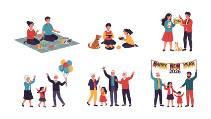 Fototapeta premium Family Moments and Festivities: A heartwarming collection of illustrations showcases the joy and togetherness of family life, with scenes of playful moments and cheerful celebrations. 