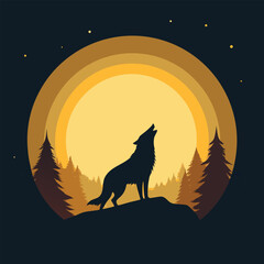 A lone wolf howls at the moon in a forest, under a starry night sky, creating a mystical atmosphere