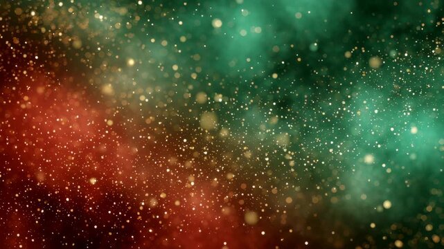 A green and red background with a lot of glitter. The green is on the right. Abstract holiday texture background red green white gold glowing particles serene editorial