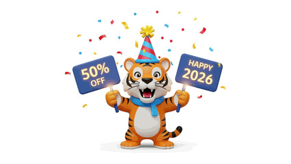 Tiger Celebration with Discounts: A vibrant tiger mascot celebrates the arrival of a new year, offering exciting discounts and festive vibes. Joyful scene, perfect for promotion! 