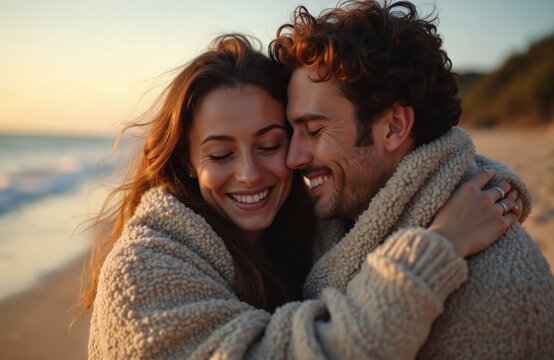 Young couple embraces happily on sea beach at golden hour sunset. Lovers laugh, smile with closed eyes, showing tender affection, joy. Wear warm fuzzy coats, enjoying romantic moment by ocean shore.