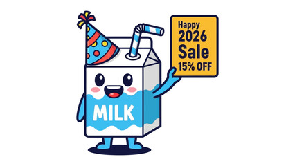 Milk's Festive Sale: A joyful carton of milk, adorned with a party hat and straw, gleefully announces a sale, offering a cheerful reminder of nutritious beverages and good times.
