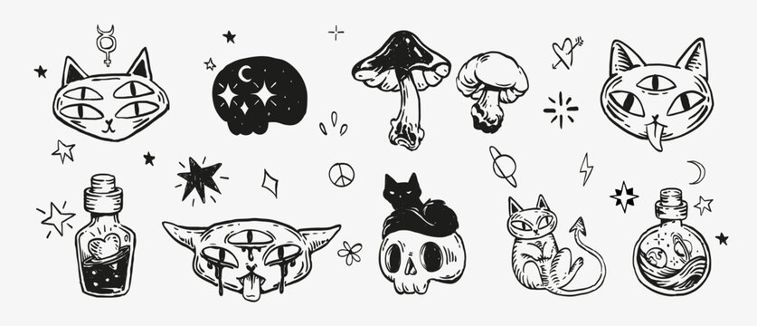 Doodle set with mystical cats, skulls, mushrooms, and potions. Magical vintage tattoo-style illustrations for occult art, stickers, and apparel design.