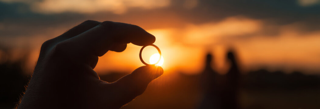 Sunset ring proposal romance silhouette hand ring sunset love proposal couple silhouette golden - Powered by Adobe