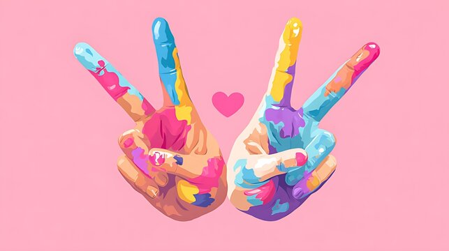 Colorful painted hands forming a peace sign and heart symbol - Powered by Adobe