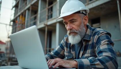 Mature man in white hard hat works on laptop at construction site. Architect or engineer studies project plan on computer. Building development with senior male using tech.