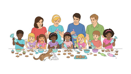 Baking Bonds: A heartwarming scene where parents and children gather around a table, united in the joy of baking and creating sweet memories together. 