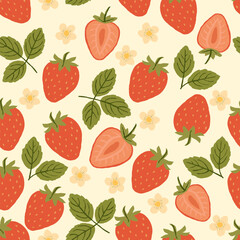 Seamless pattern of red strawberries and white flowers for fashion design, fabric, wallpaper and decorative prints on beige background.