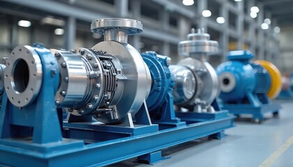 Industrial pumps and pipes form complex machinery system. Metal equipment in factory setting powers manufacturing processes. Blue and steel components create energy flow.