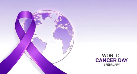 Purple ribbon symbolizing hope and awareness for world cancer day around the globe