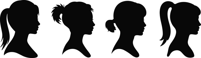 Female head silhouette collection, woman profile vector illustration, black isolated side view portraits, hairstyle variation concept design