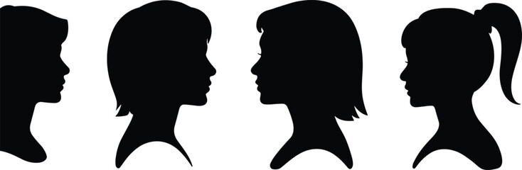 Female head profile silhouettes collection, woman face side view vector illustration, hairstyle variation, people portrait outline design