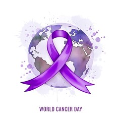 Purple ribbon for cancer awareness centered on a watercolor globe with splashes of color