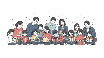 Joyful Family Gift Exchange: A heartwarming scene unfolds as a large family gathers, each member clutching a wrapped gift, creating a tableau of love and anticipation.