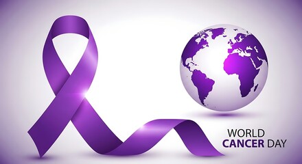 Purple awareness ribbon and planet earth symbolizing global fight against cancer on world cancer day