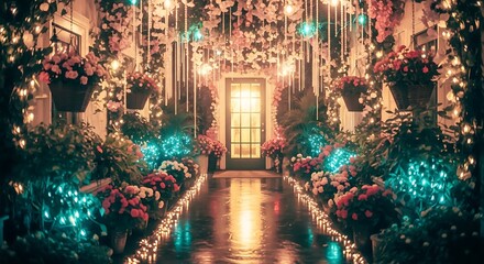 Magical pathway illuminated by festive christmas lights leading to a glowing doorway