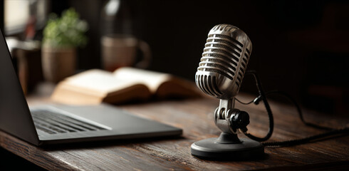 Vintage microphone podcast desk laptop studio wood book cable sound retro
